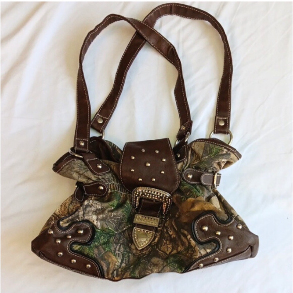 Realtree Y2K Camo Leather Studded Sinched Metal Stud Satchel w/ Buckle